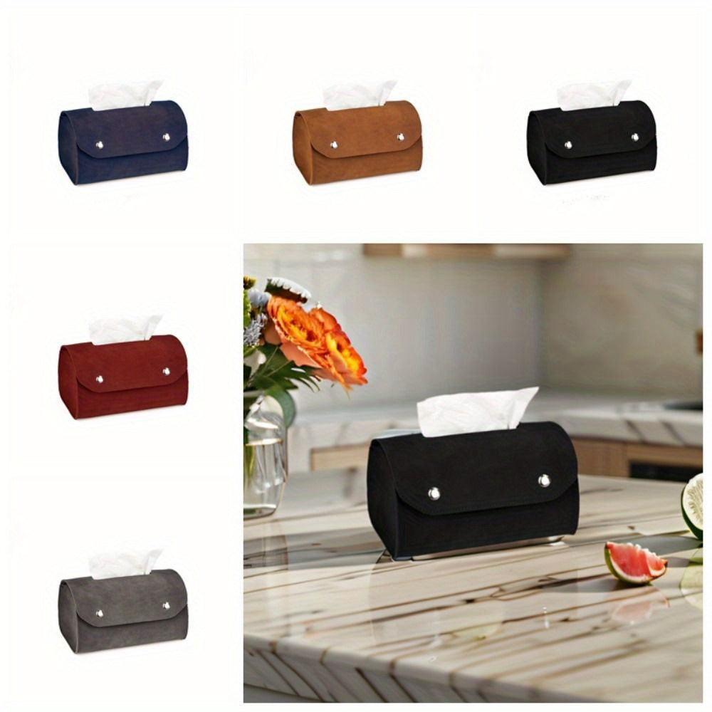 1pc Retro Leather Tissue Box Holder - Rectangular Tabletop Storage Organizer with Decorative Lid, Solid Color Minimalist Design for Living Room, Bedroom, Bathroom - Durable & Stylish Napkin Dispenser (Compatible with Standard Tissues)