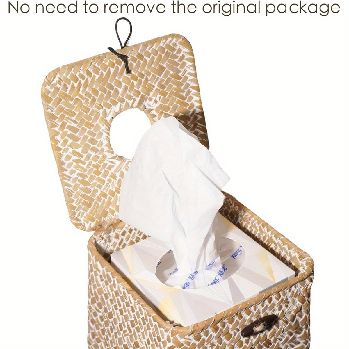 Segrass Woven Tissue Box Cover - Boho Farmhouse Plastic Napkin Holder with Lid, Square Whitewash Finish 5.9x5.7x5.7 Inch for Bathroom, Living Room, Kitchen, Bedroom, Office, Car