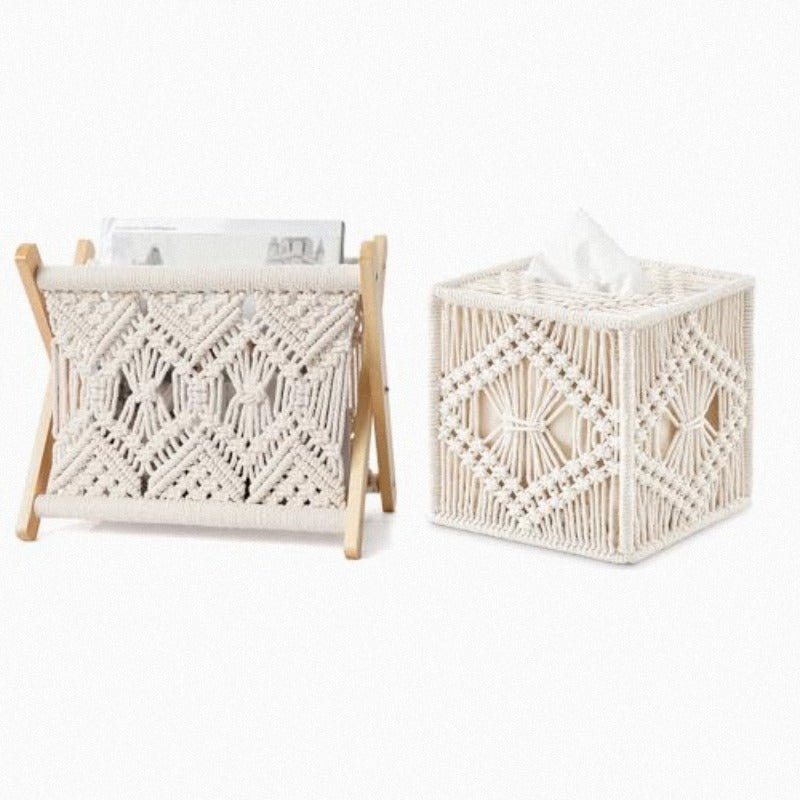 Boho Chic Macrame Magazine Rack and Tissue Box Set - Ivory, Round Shape, Perfect for Bathroom, Bedroom, Dresser, Living Room, Office, Dorm Decor, Bathroom Decor|Boho Chic Style|Woven Texture, Bathroom Decorations