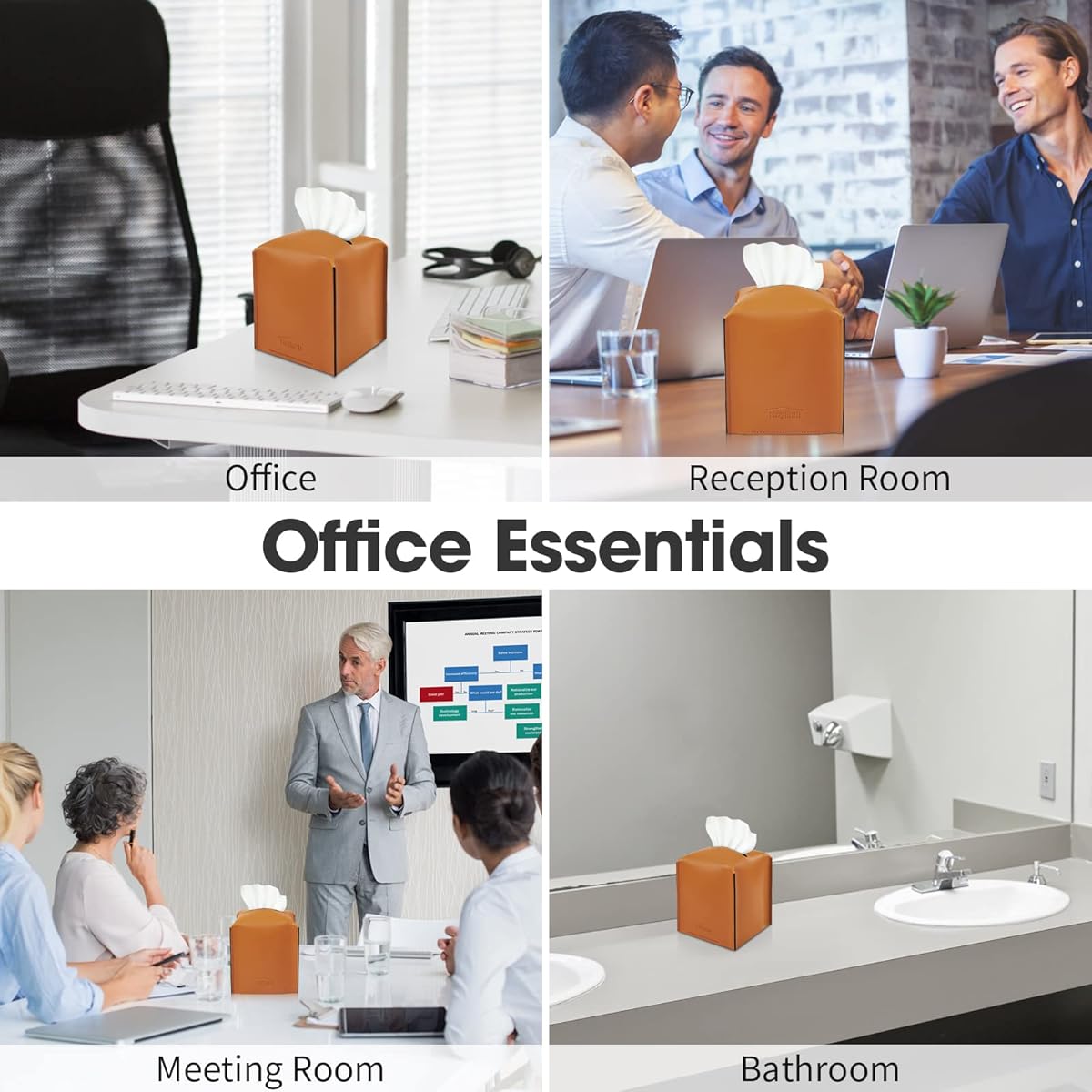 Modern Saddle Square Tissue Box Cover - Decorative Plastic Organizer for Bathroom Vanity, Countertop, Nightstands, Office Desk & Car - 5" x 5" x 3" (Tan), Bathroom Organizers And Storage, Countertop Accessory, Minimalist Design, Durable Material, Home