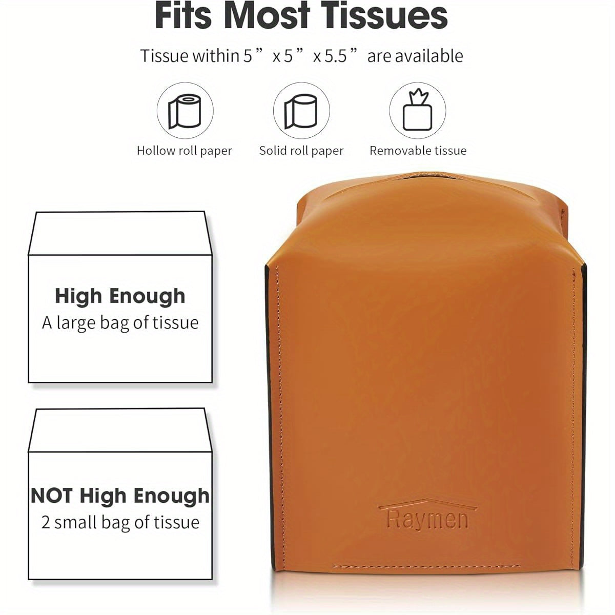 Tissue Box Cover, Modern Saddle Leather Square Tissue Box Holder - Decorative Holder Organizer for Bathroom Vanity Countertop, Night Stands, Office Desk & Car 5" X5" X5. 3" ( Tan)