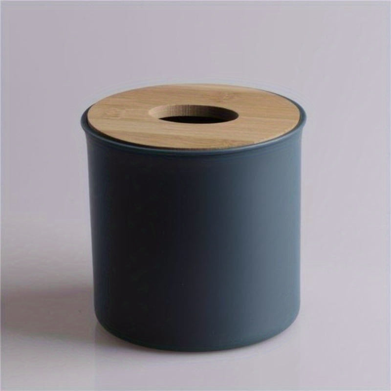 Modern Round Tissue Box Holder - Sleek Dark Teal Durable Plastic with Bamboo Roll Paper Napkin Rack, Compact Space-Saving Design for Home & Office Desk Accessories, Novelty Tissue Canister, Tabletop Accessory, Contemporary Design, Minimalist Decor, Bamboo