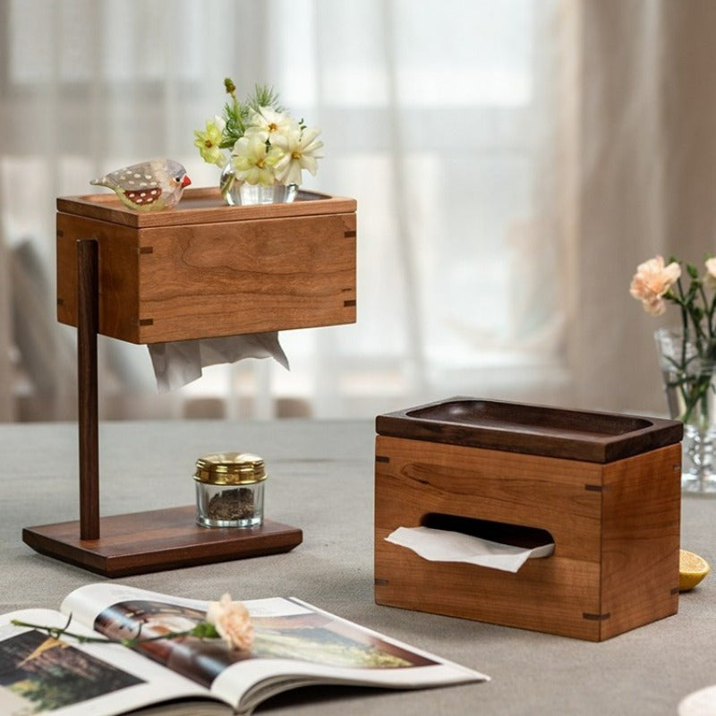 Standing Tissue Box - Sturdy Open-face Design, Compact Desktop Organizer for Home, Office, Hotel, Bathroom - Compatible with Standard Tissues - Modern Minimalist Vintage Decor - Recycled Wood Construction, Hotel Room Accessory, Minimalist Design, Dark