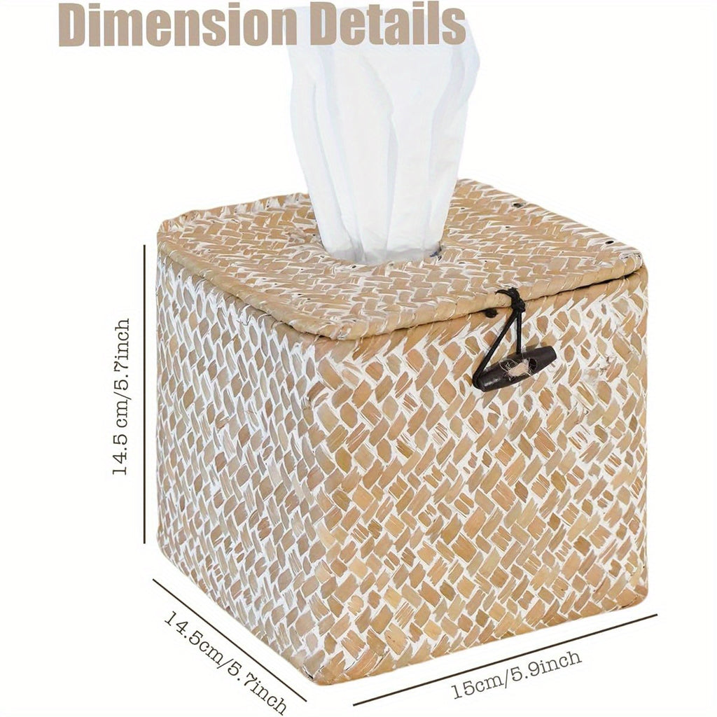 Segrass Woven Tissue Box Cover - Boho Farmhouse Plastic Napkin Holder with Lid, Square Whitewash Finish 5.9x5.7x5.7 Inch for Bathroom, Living Room, Kitchen, Bedroom, Office, Car