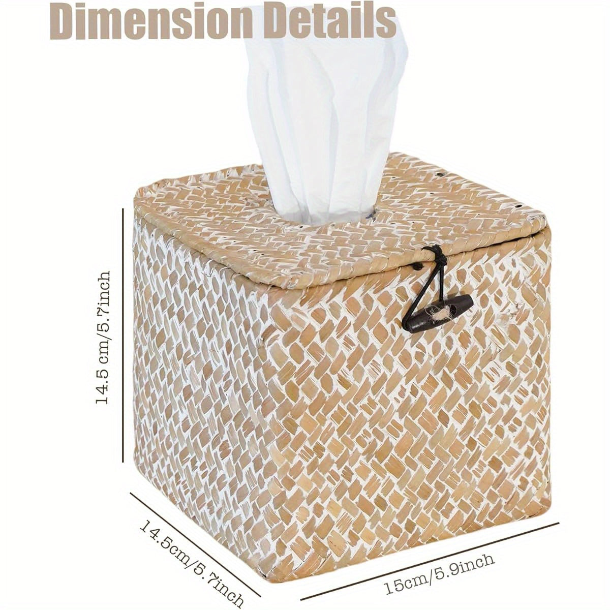 Segrass Woven Tissue Box Cover - Boho Farmhouse Plastic Napkin Holder with Lid, Square Whitewash Finish 5.9x5.7x5.7 Inch for Bathroom, Living Room, Kitchen, Bedroom, Office, Car