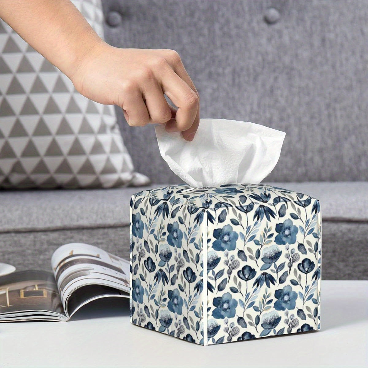 Waterproof PVC Leather Tissue Box Cover with Blue Floral Pattern - Square Decorative Holder with Blue Flowers & Green Leaves, Fit for Bathroom, Home, Car, Office - Easy-Clean Tissue Organizer Dispenser (5.2x5.2x5.2in) - Ideal Gift for Housewarming &