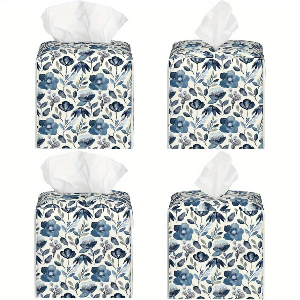 Waterproof PVC Leather Tissue Box Cover with Blue Floral Pattern - Square Decorative Holder with Blue Flowers & Green Leaves, Fit for Bathroom, Home, Car, Office - Easy-Clean Tissue Organizer Dispenser (5.2x5.2x5.2in) - Ideal Gift for Housewarming &