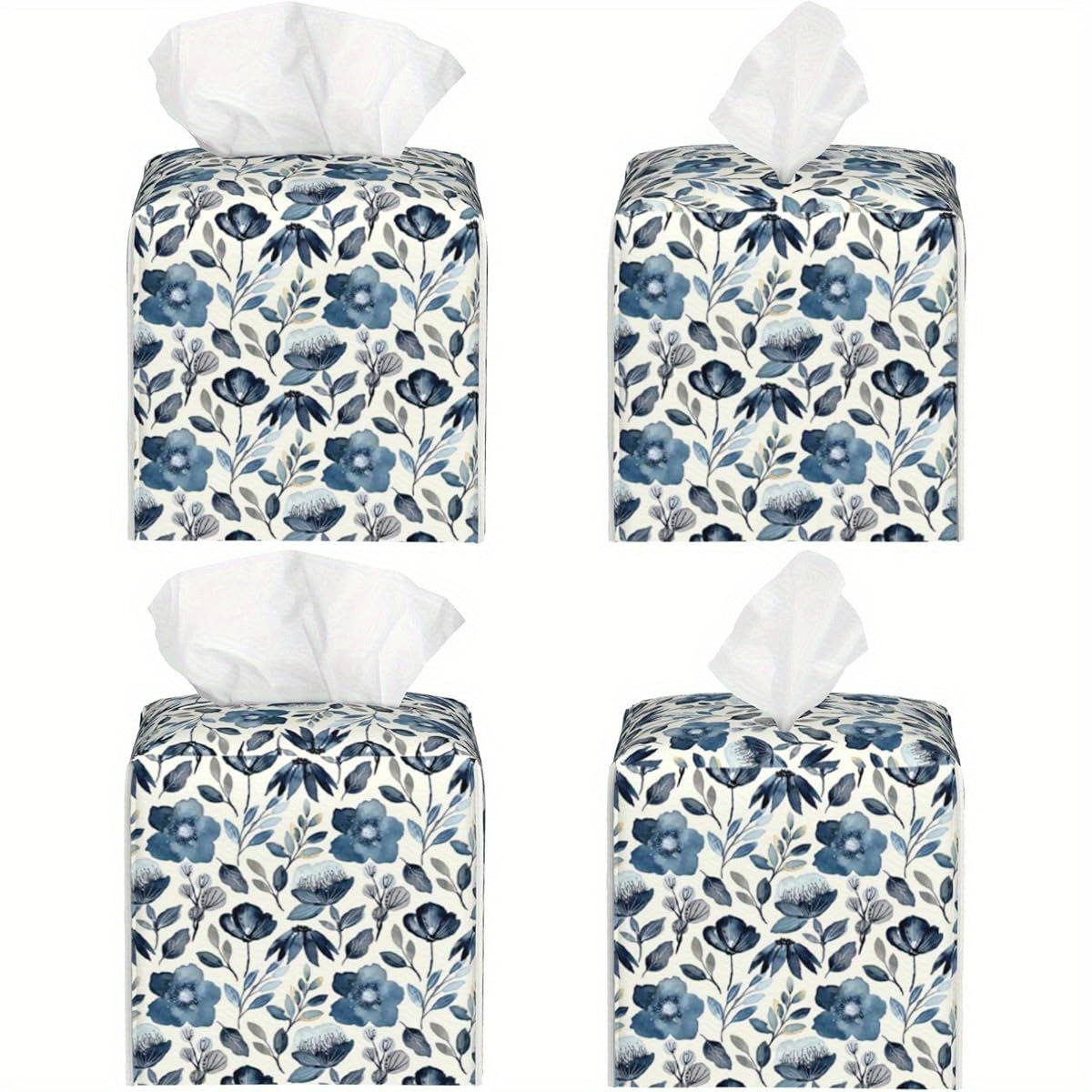 Waterproof PVC Leather Tissue Box Cover with Blue Floral Pattern - Square Decorative Holder with Blue Flowers & Green Leaves, Fit for Bathroom, Home, Car, Office - Easy-Clean Tissue Organizer Dispenser (5.2x5.2x5.2in) - Ideal Gift for Housewarming &