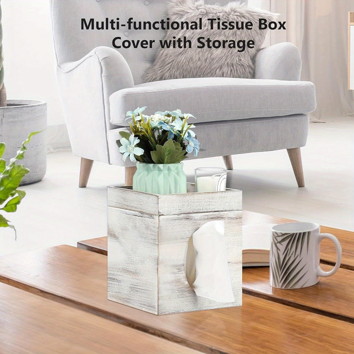 Tissue Box Cover with Storage Tray - Decorative Bathroom, Living Room, Office Organizer - Durable Plastic Construction - Fits Standard Tissues - Modern Farmhouse Decor - Easy-Clean Surface - Fits Spaces - Ideal Housewarming Gift, Bedroom Accessory,