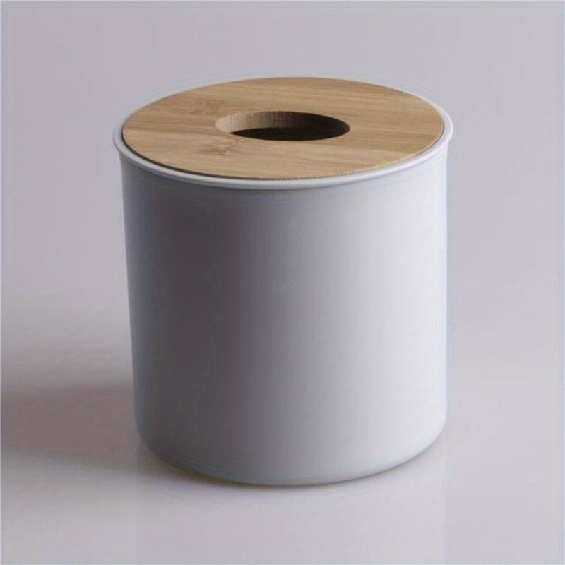 Modern Round Tissue Box Holder - Sleek Dark Teal Durable Plastic with Bamboo Roll Paper Napkin Rack, Compact Space-Saving Design for Home & Office Desk Accessories, Novelty Tissue Canister, Tabletop Accessory, Contemporary Design, Minimalist Decor, Bamboo