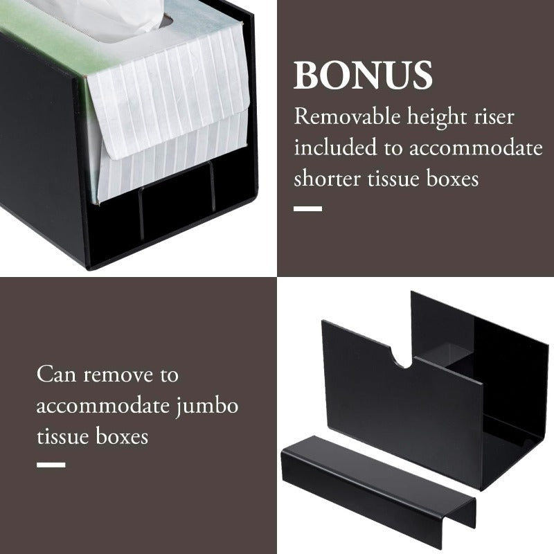 Modern Black Glossy Acrylic Tissue Box Dispenser with Slide-Out Holder & Refillable Drawer-like Design - Rectangular Bathroom/Office/ Vanity Storage, Space-Saving Tissue Dispenser with Height Riser Compatibility, Glossy Black Finish & Foot Pads -