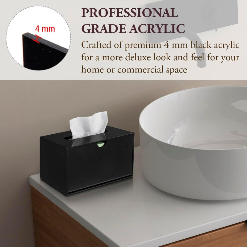 Modern Black Glossy Acrylic Tissue Box Dispenser with Slide-Out Holder & Refillable Drawer-like Design - Rectangular Bathroom/Office/ Vanity Storage, Space-Saving Tissue Dispenser with Height Riser Compatibility, Glossy Black Finish & Foot Pads -