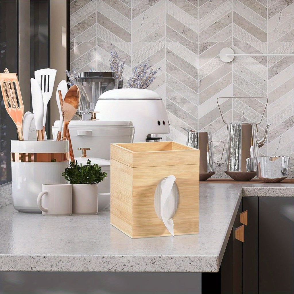 Bamboo Tissue Box Cover with Storage Tray - Square 6"x6"x7.4" Durable Plastic Holder for Bathroom, Bedroom, Office & Tabletop - High-Quality, Easy-Clean Design, Bathroom Organizer, Natural Aesthetic, Smooth Texture