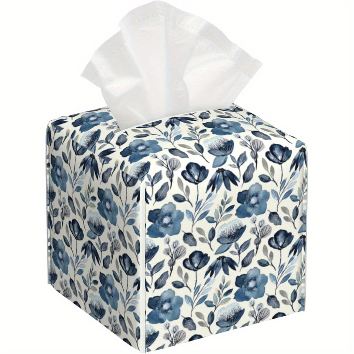 Waterproof PVC Leather Tissue Box Cover with Blue Floral Pattern - Square Decorative Holder with Blue Flowers & Green Leaves, Fit for Bathroom, Home, Car, Office - Easy-Clean Tissue Organizer Dispenser (5.2x5.2x5.2in) - Ideal Gift for Housewarming &
