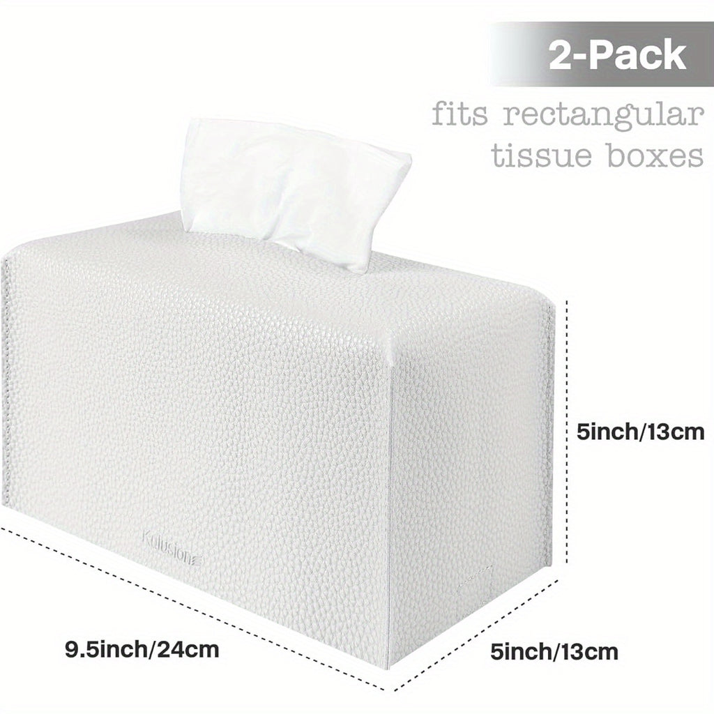 2pcs Tissue Box Cover Holder, Rectangular with Bottom Belt - PU Leather Tissue Cover Decorative Organizer for Tabletop, Bathroom, Car, Office, 9. 5X5X5 Inch - White