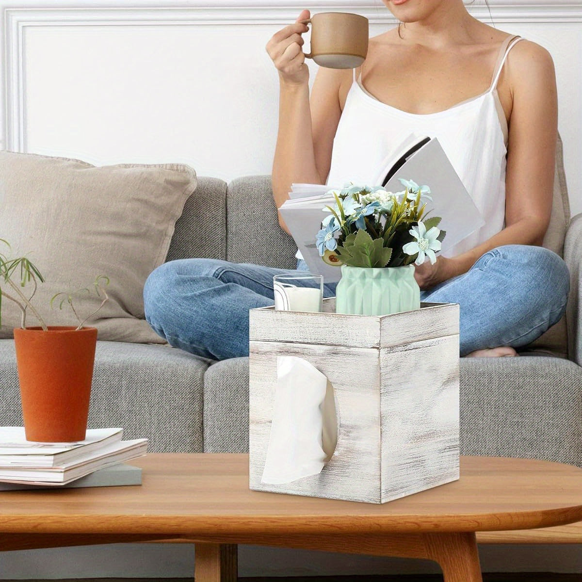 Tissue Box Cover with Storage Tray - Decorative Bathroom, Living Room, Office Organizer - Durable Plastic Construction - Fits Standard Tissues - Modern Farmhouse Decor - Easy-Clean Surface - Fits Spaces - Ideal Housewarming Gift, Bedroom Accessory,