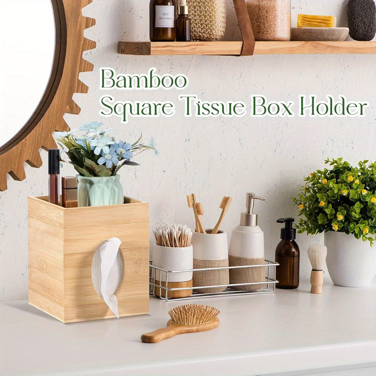 Bamboo Tissue Box Cover with Storage Tray - Square 6"x6"x7.4" Durable Plastic Holder for Bathroom, Bedroom, Office & Tabletop - High-Quality, Easy-Clean Design, Bathroom Organizer, Natural Aesthetic, Smooth Texture