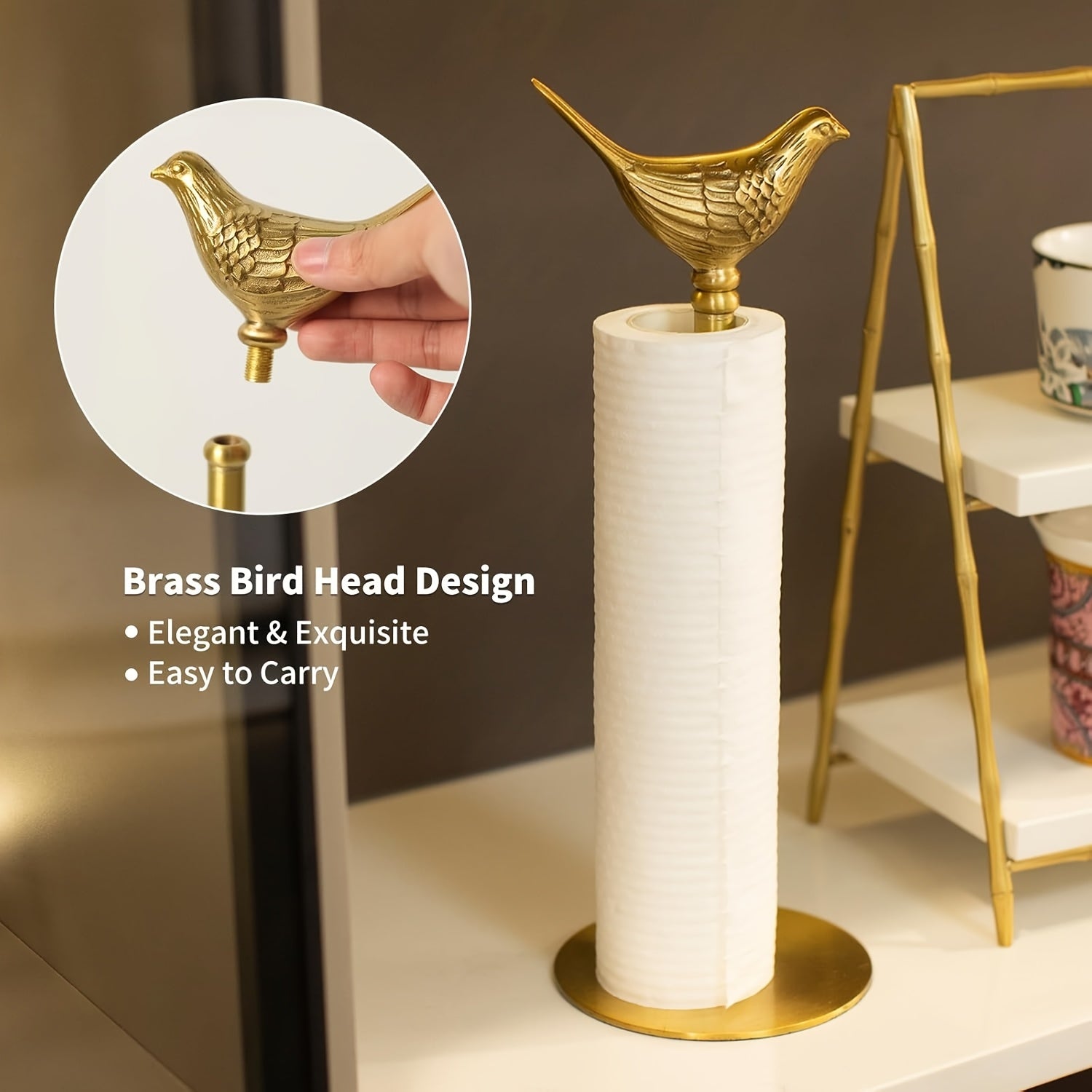 1pc Elegant Brass Bird-Shaped Paper Roll Holder - Durable Copper Material, Vertical Tissue Dispenser with Sturdy Base, Ideal for Kitchen & Bathroom Decor, Perfect Festival Gift, Bathroom Accessory | Elegant Home Decor | Durable Construction, Paper Towel