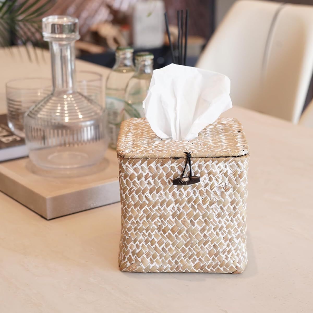 Segrass Woven Tissue Box Cover - Boho Farmhouse Plastic Napkin Holder with Lid, Square Whitewash Finish 5.9x5.7x5.7 Inch for Bathroom, Living Room, Kitchen, Bedroom, Office, Car