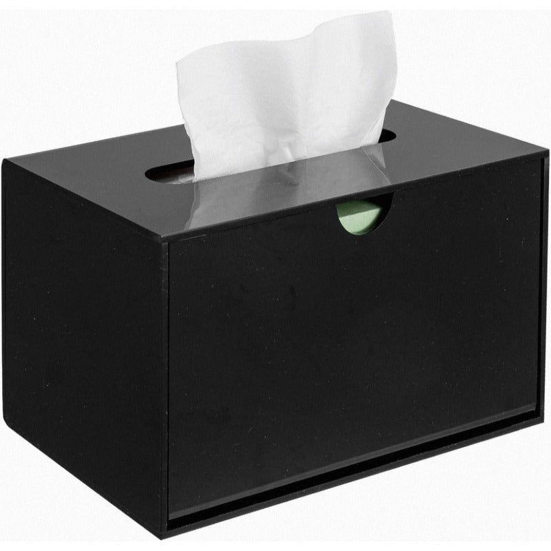 Modern Black Glossy Acrylic Tissue Box Dispenser with Slide-Out Holder & Refillable Drawer-like Design - Rectangular Bathroom/Office/ Vanity Storage, Space-Saving Tissue Dispenser with Height Riser Compatibility, Glossy Black Finish & Foot Pads -