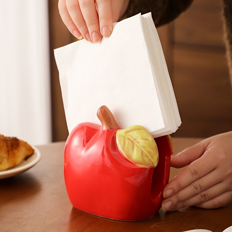 1pc Ceramic Apple-Shaped Tissue Box Holder - Cute Quirky Red or Green Apple Design with Leaf Accents, Oil-Rubbed Finish, Durable Rectangular Home Decor for Living Room, Kitchen, Office, Bathroom, Apple Decor, Kitchen Accessory, Playful Design, Decorative