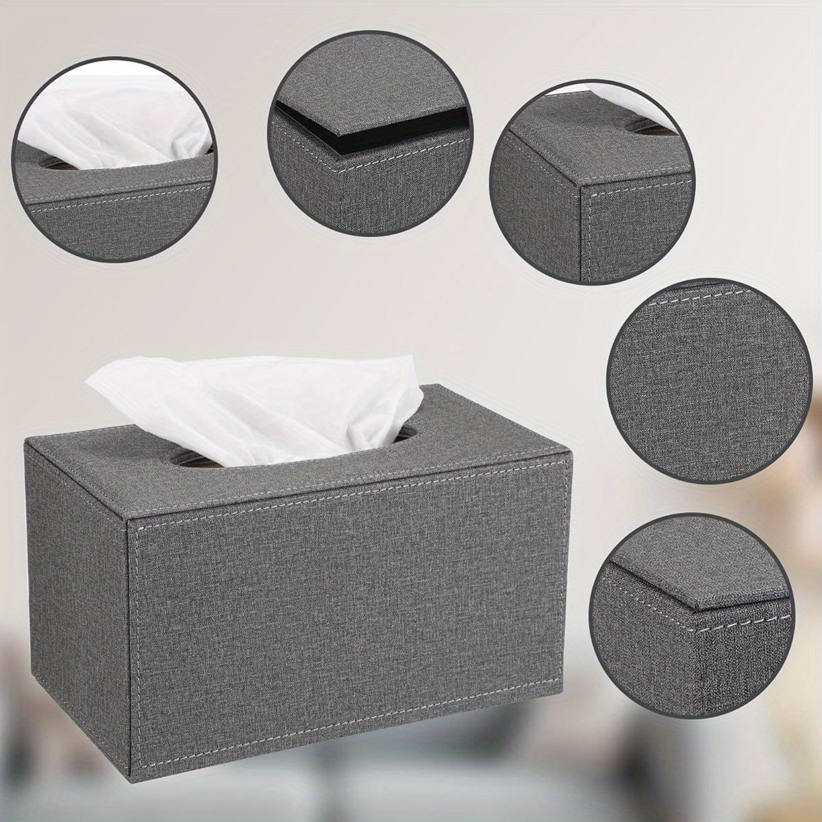 Tissue Box Cover Rectangular Tissue Box Holder Linen Tissue Box with Magnetic Bottom Decorative Grey Tissue Box for Bathroom Toilet Living Room Table Desk Office Car, Large