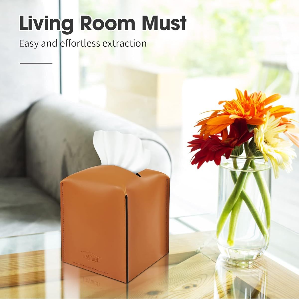 Tissue Box Cover, Modern Saddle Leather Square Tissue Box Holder - Decorative Holder Organizer for Bathroom Vanity Countertop, Night Stands, Office Desk & Car 5" X5" X5. 3" ( Tan)
