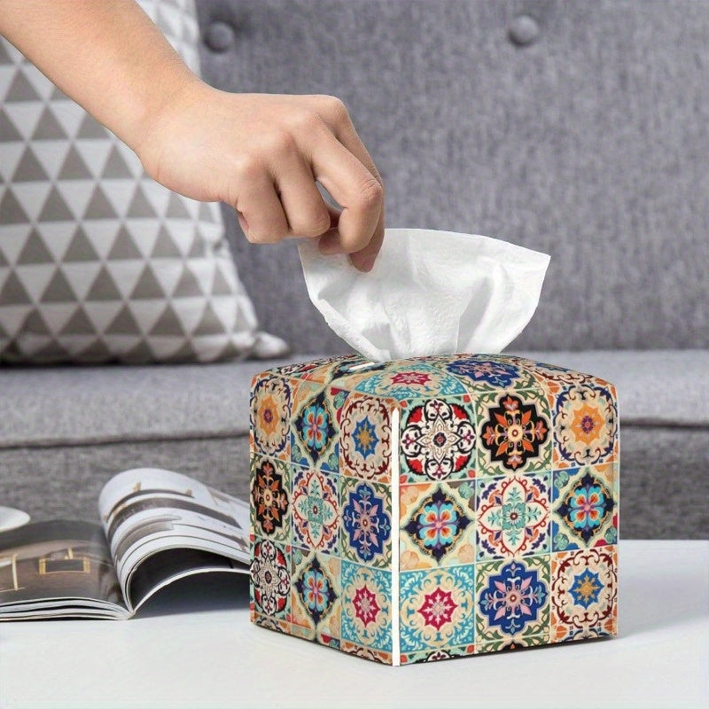 Vintage Ceramic Tile Tissue Box Cover - Ethnic Patchwork Cube Design, Durable & Stylish Organizer for Office, Kitchen, Car, Bathroom - Holds 8-12 Tissues, Easy-Clean Surface, Decorative Facial Paper Dispenser, Bathroom Organizers And Storage, Kitchen