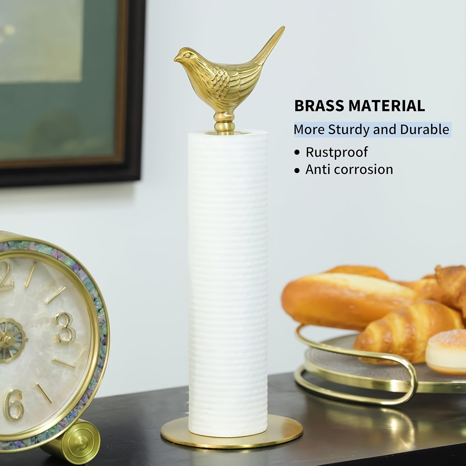 1pc Elegant Brass Bird-Shaped Paper Roll Holder - Durable Copper Material, Vertical Tissue Dispenser with Sturdy Base, Ideal for Kitchen & Bathroom Decor, Perfect Festival Gift, Bathroom Accessory | Elegant Home Decor | Durable Construction, Paper Towel