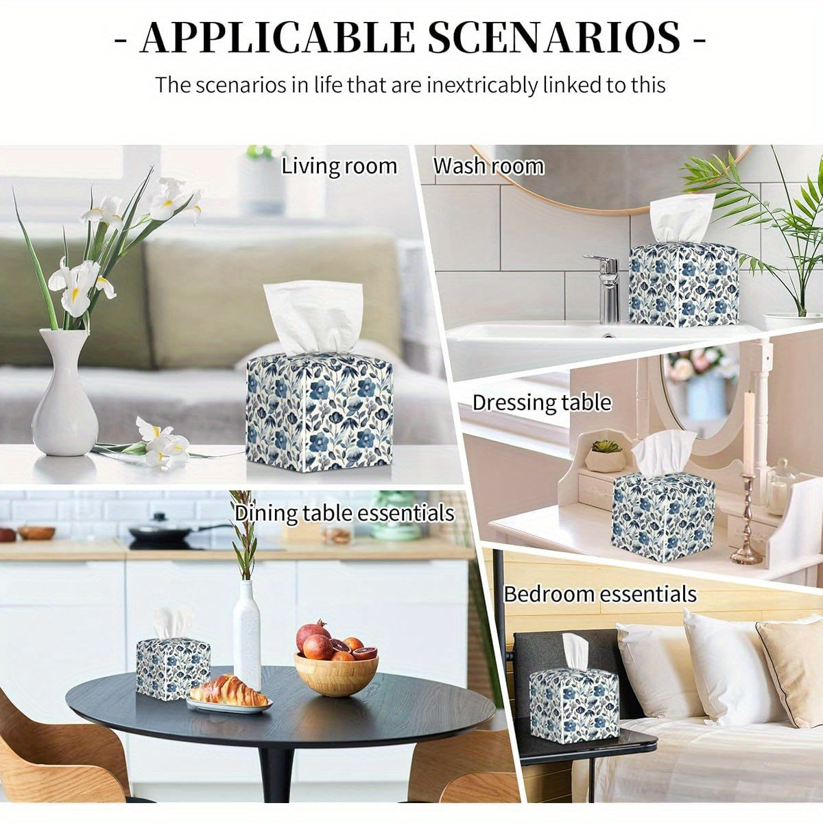 Waterproof PVC Leather Tissue Box Cover with Blue Floral Pattern - Square Decorative Holder with Blue Flowers & Green Leaves, Fit for Bathroom, Home, Car, Office - Easy-Clean Tissue Organizer Dispenser (5.2x5.2x5.2in) - Ideal Gift for Housewarming &