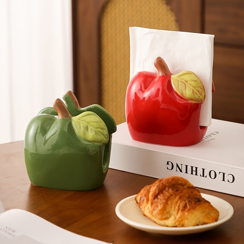 1pc Ceramic Apple-Shaped Tissue Box Holder - Cute Quirky Red or Green Apple Design with Leaf Accents, Oil-Rubbed Finish, Durable Rectangular Home Decor for Living Room, Kitchen, Office, Bathroom, Apple Decor, Kitchen Accessory, Playful Design, Decorative