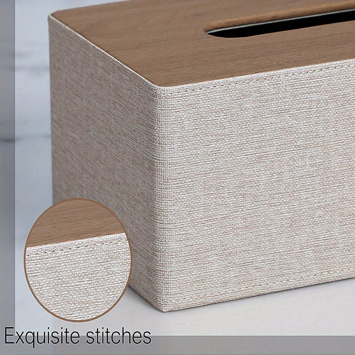 Modern Rectangular Tissue Box Cover with Magnetic Closure - Beige PU Leather Bathroom Organizer, High Quality Dustproof Storage Cabinet Holder for Dresser, Fits 9.8”L x 5.3”W x 4.3”H Tissues - Compatible with Costco//Napkins - Easy-Clean Surface &