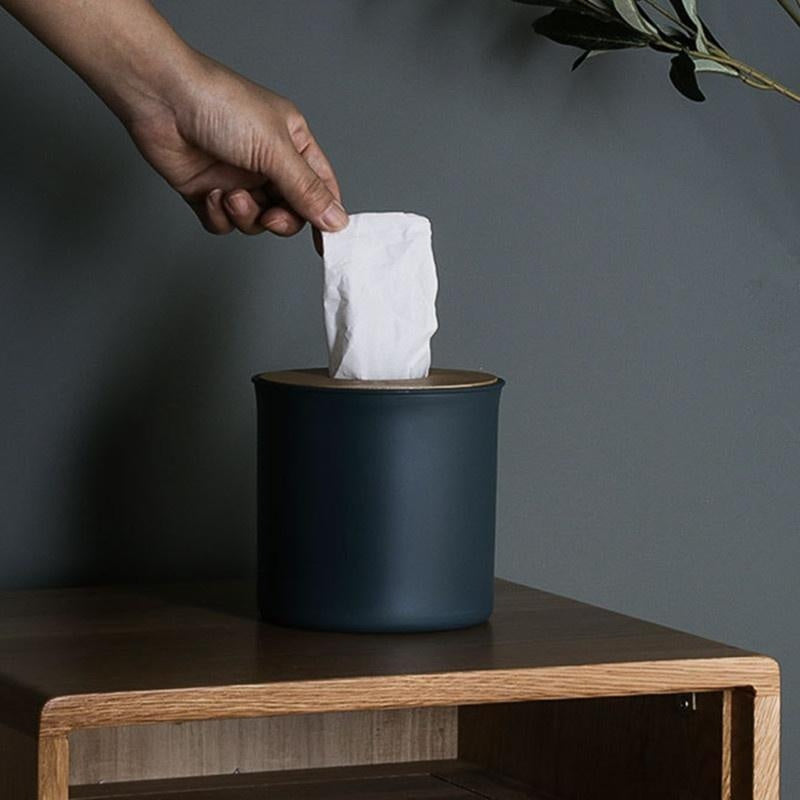 Modern Round Tissue Box Holder - Sleek Dark Teal Durable Plastic with Bamboo Roll Paper Napkin Rack, Compact Space-Saving Design for Home & Office Desk Accessories, Novelty Tissue Canister, Tabletop Accessory, Contemporary Design, Minimalist Decor, Bamboo