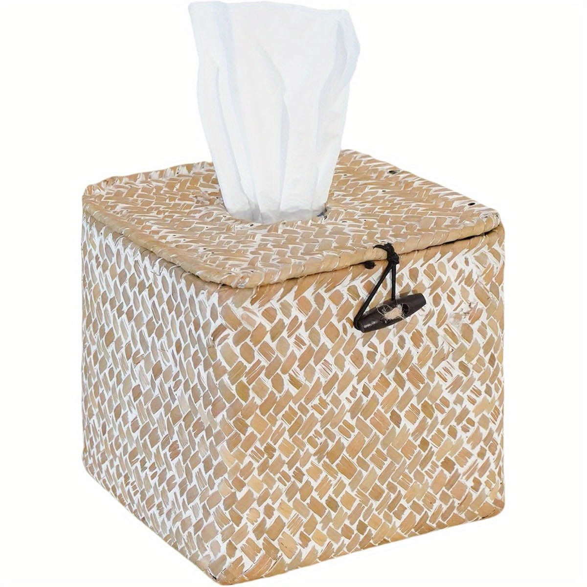 Segrass Woven Tissue Box Cover - Boho Farmhouse Plastic Napkin Holder with Lid, Square Whitewash Finish 5.9x5.7x5.7 Inch for Bathroom, Living Room, Kitchen, Bedroom, Office, Car