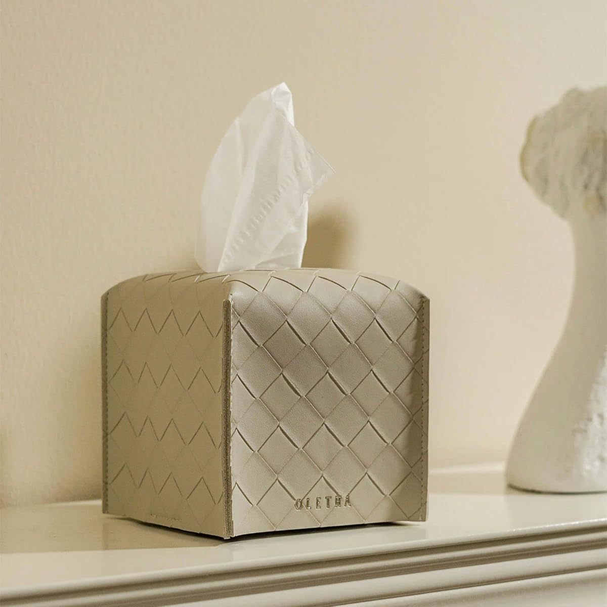 Square Tissue Box Cover, Set of 2 - Aesthetic Tissues Cube Boxes Holder - Desk Decor for Room, Home & Office - Woven Textured, Light Taupe