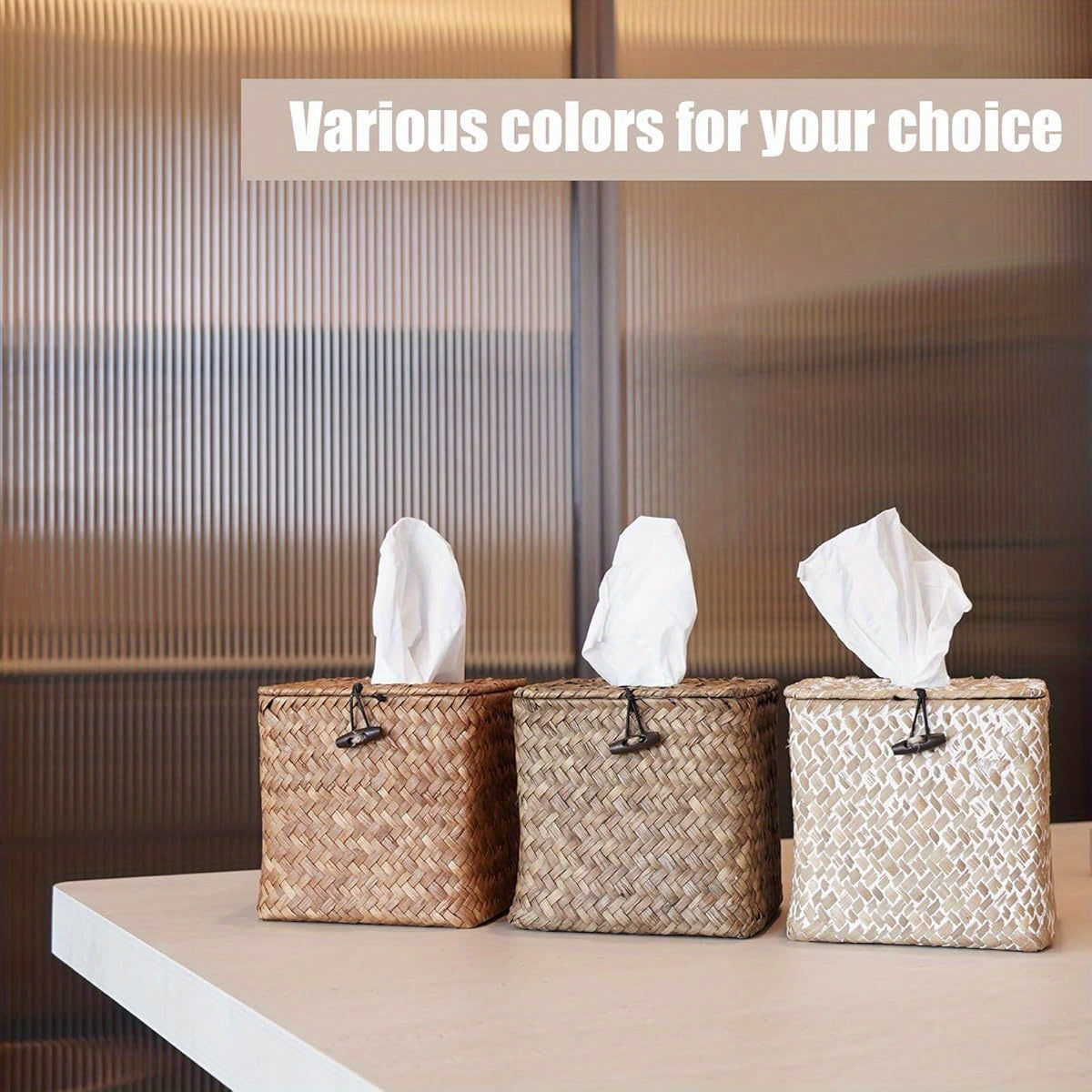 Segrass Woven Tissue Box Cover - Boho Farmhouse Plastic Napkin Holder with Lid, Square Whitewash Finish 5.9x5.7x5.7 Inch for Bathroom, Living Room, Kitchen, Bedroom, Office, Car
