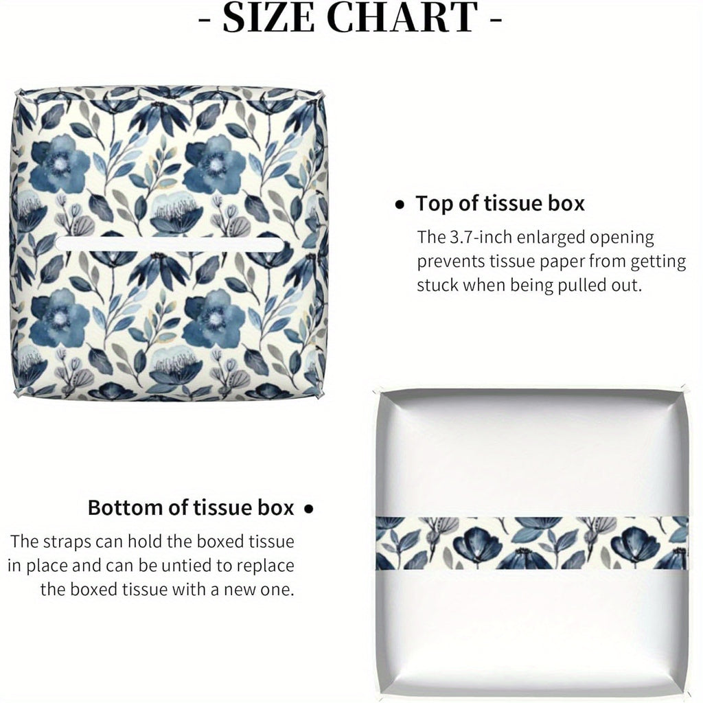 Waterproof PVC Leather Tissue Box Cover with Blue Floral Pattern - Square Decorative Holder with Blue Flowers & Green Leaves, Fit for Bathroom, Home, Car, Office - Easy-Clean Tissue Organizer Dispenser (5.2x5.2x5.2in) - Ideal Gift for Housewarming &
