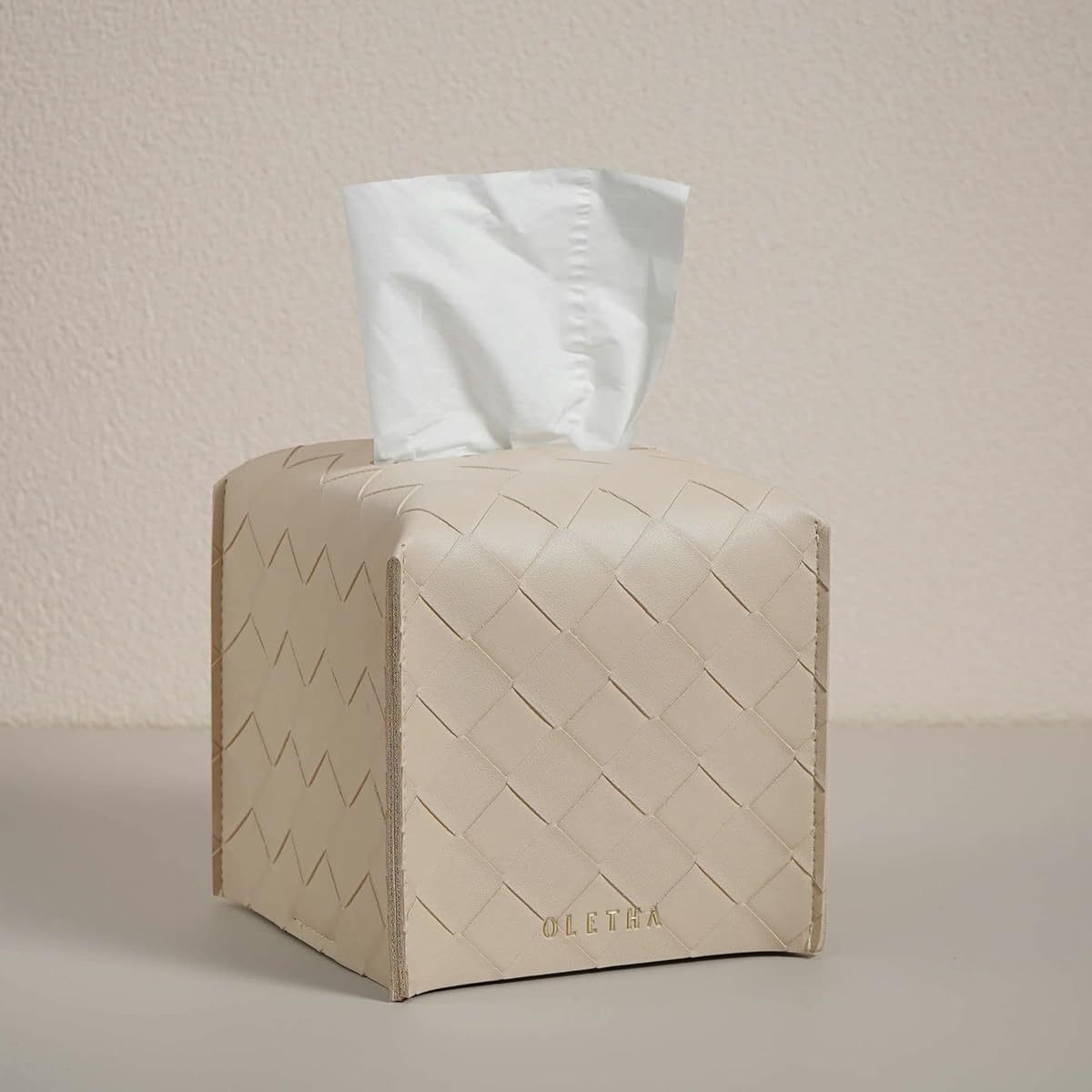 Square Tissue Box Cover, Set of 2 - Aesthetic Tissues Cube Boxes Holder - Desk Decor for Room, Home & Office - Woven Textured, Light Taupe
