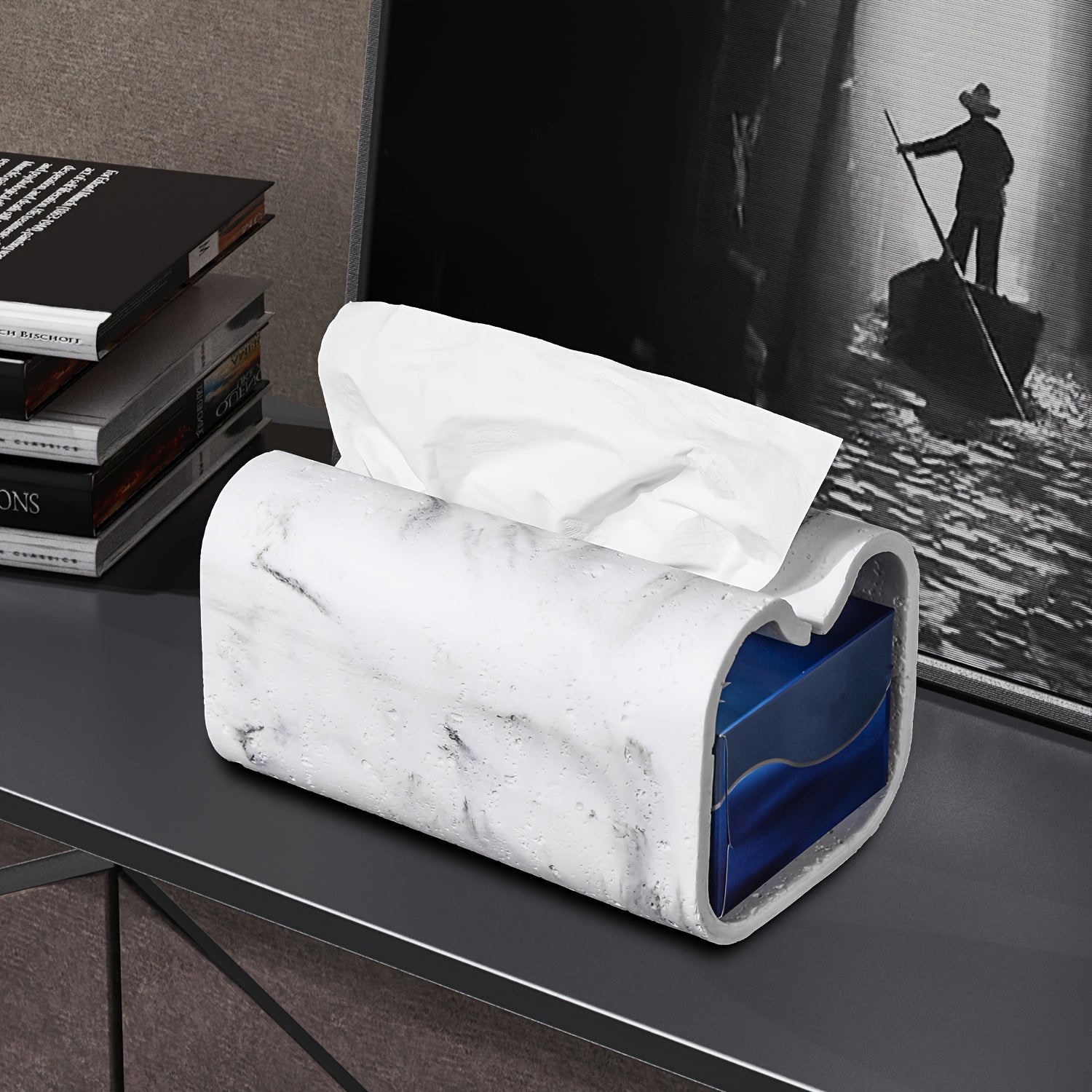 Modern Rectangular Tissue Box Cover - High-Quality Resin with Natural Unfinished Texture, Marble-Look Tissue Holder for Bathroom Vanity, Bedroom Dresser, Home & Office Decor, Countertop Organizer, Contemporary Design, Premium Finish, Decorative Organizer,