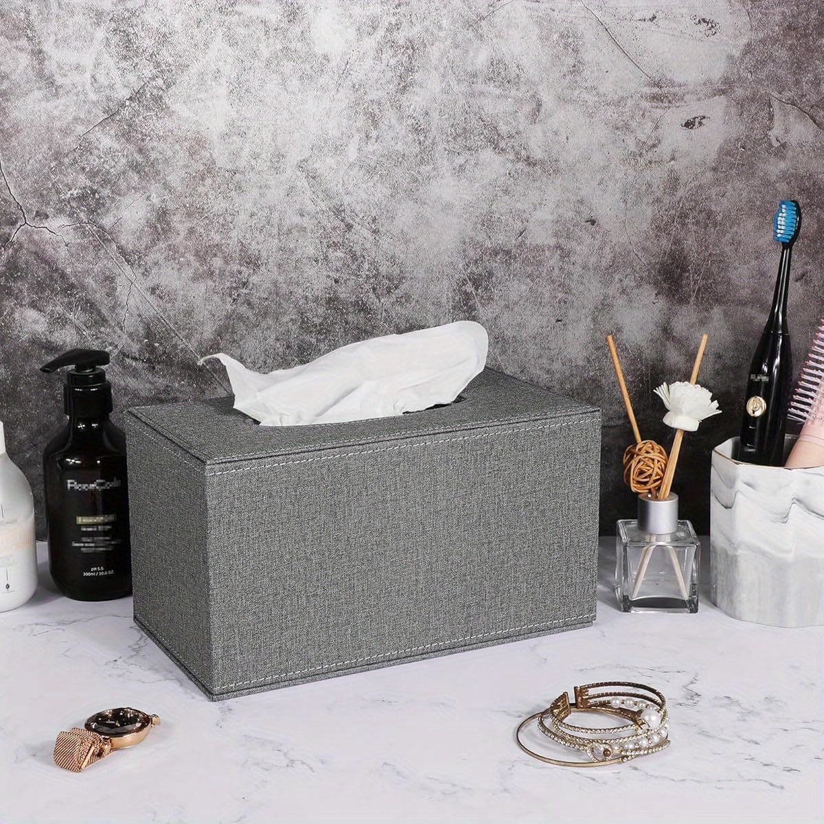 Tissue Box Cover Rectangular Tissue Box Holder Linen Tissue Box with Magnetic Bottom Decorative Grey Tissue Box for Bathroom Toilet Living Room Table Desk Office Car, Large