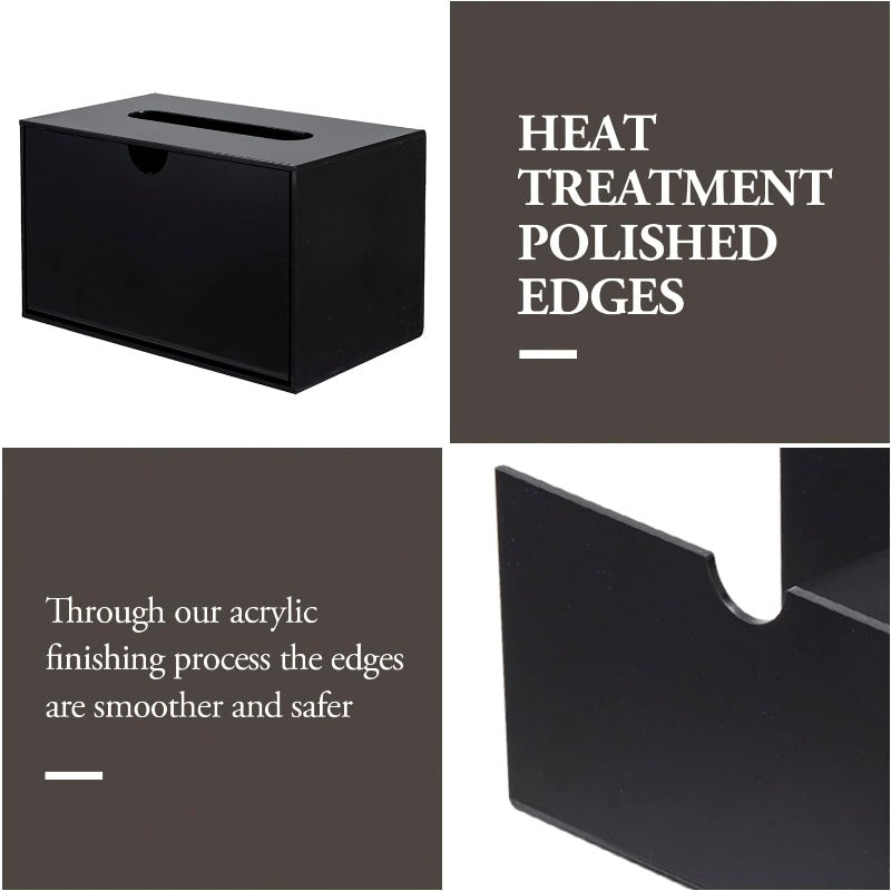 Modern Black Glossy Acrylic Tissue Box Dispenser with Slide-Out Holder & Refillable Drawer-like Design - Rectangular Bathroom/Office/ Vanity Storage, Space-Saving Tissue Dispenser with Height Riser Compatibility, Glossy Black Finish & Foot Pads -