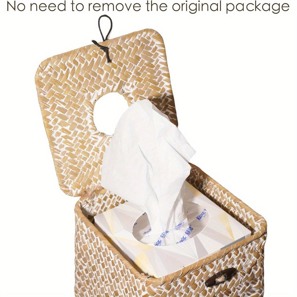 Segrass Woven Tissue Box Cover - Boho Farmhouse Plastic Napkin Holder with Lid, Square Whitewash Finish 5.9x5.7x5.7 Inch for Bathroom, Living Room, Kitchen, Bedroom, Office, Car