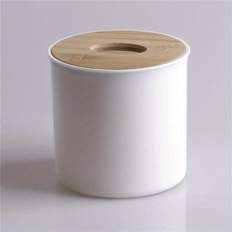 Modern Round Tissue Box Holder - Sleek Dark Teal Durable Plastic with Bamboo Roll Paper Napkin Rack, Compact Space-Saving Design for Home & Office Desk Accessories, Novelty Tissue Canister, Tabletop Accessory, Contemporary Design, Minimalist Decor, Bamboo
