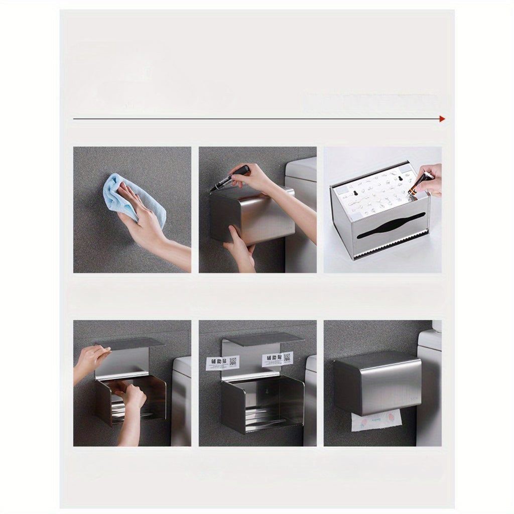 Stainless Steel Tissue Box Holder, Square No-Punching Bathroom Tissue Holder, 304 Stainless Steel Creative Toilet Paper Box, Wall-Mounted Organizer