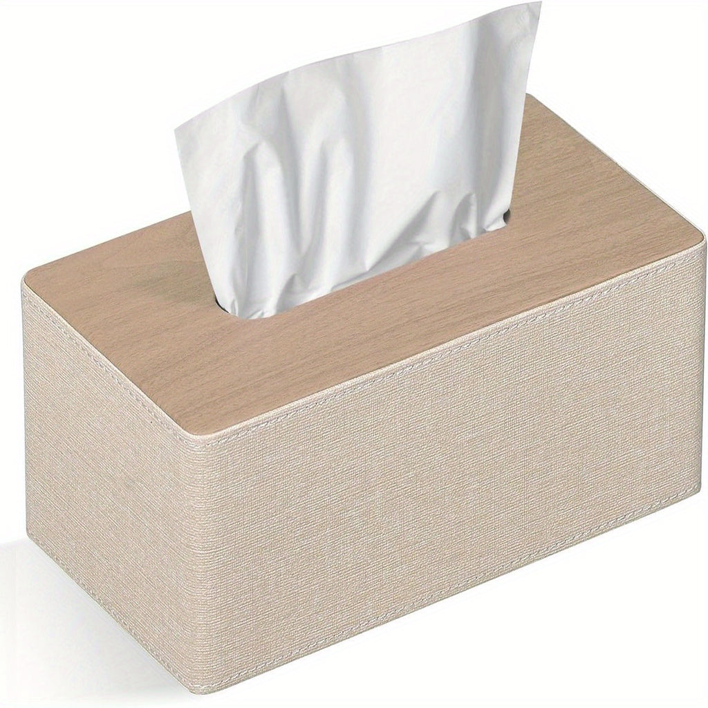 Modern Rectangular Tissue Box Cover with Magnetic Closure - Beige PU Leather Bathroom Organizer, High Quality Dustproof Storage Cabinet Holder for Dresser, Fits 9.8”L x 5.3”W x 4.3”H Tissues - Compatible with Costco//Napkins - Easy-Clean Surface &