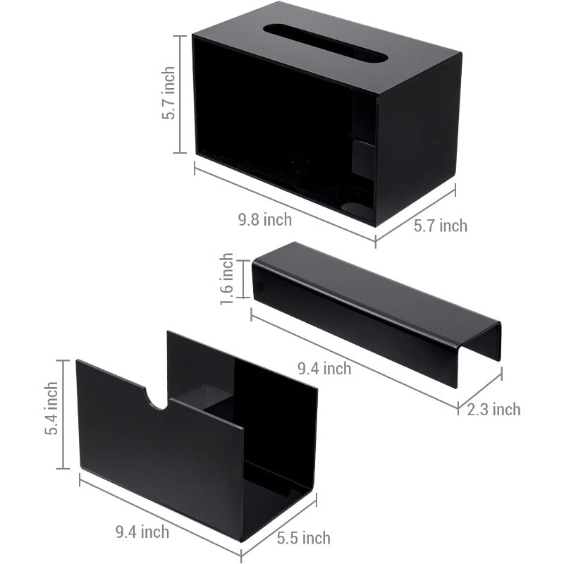 Modern Black Glossy Acrylic Tissue Box Dispenser with Slide-Out Holder & Refillable Drawer-like Design - Rectangular Bathroom/Office/ Vanity Storage, Space-Saving Tissue Dispenser with Height Riser Compatibility, Glossy Black Finish & Foot Pads -
