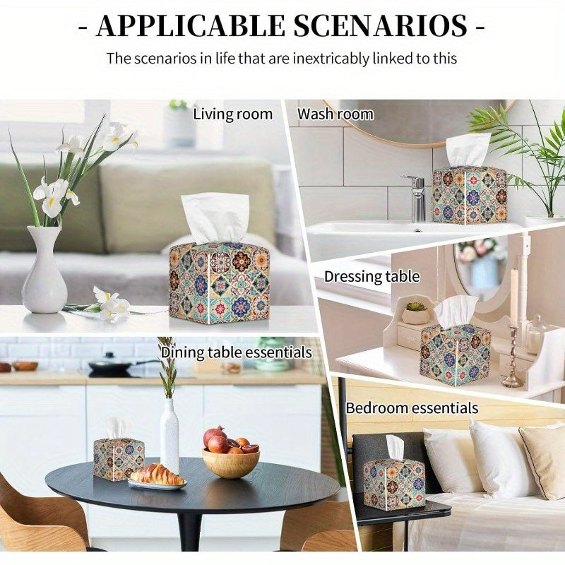 Vintage Ceramic Tile Tissue Box Cover - Ethnic Patchwork Cube Design, Durable & Stylish Organizer for Office, Kitchen, Car, Bathroom - Holds 8-12 Tissues, Easy-Clean Surface, Decorative Facial Paper Dispenser, Bathroom Organizers And Storage, Kitchen