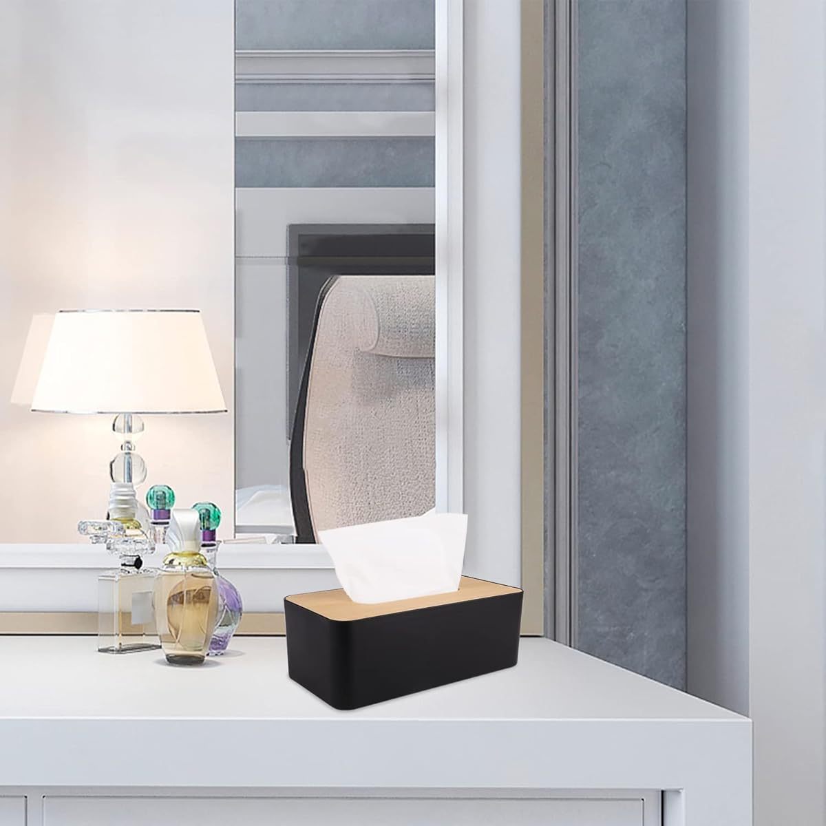 Modern Tissue Box Cover with Bamboo-Like Plastic Design - Square Tissue Holder for Bathroom & Home/Office, Decorative Dust-Resistant Tissue Dispenser with Easy-Access Top Slot, Compact Space-Saving Design (3.82x1.97x1.42inch) - Durable Plastic