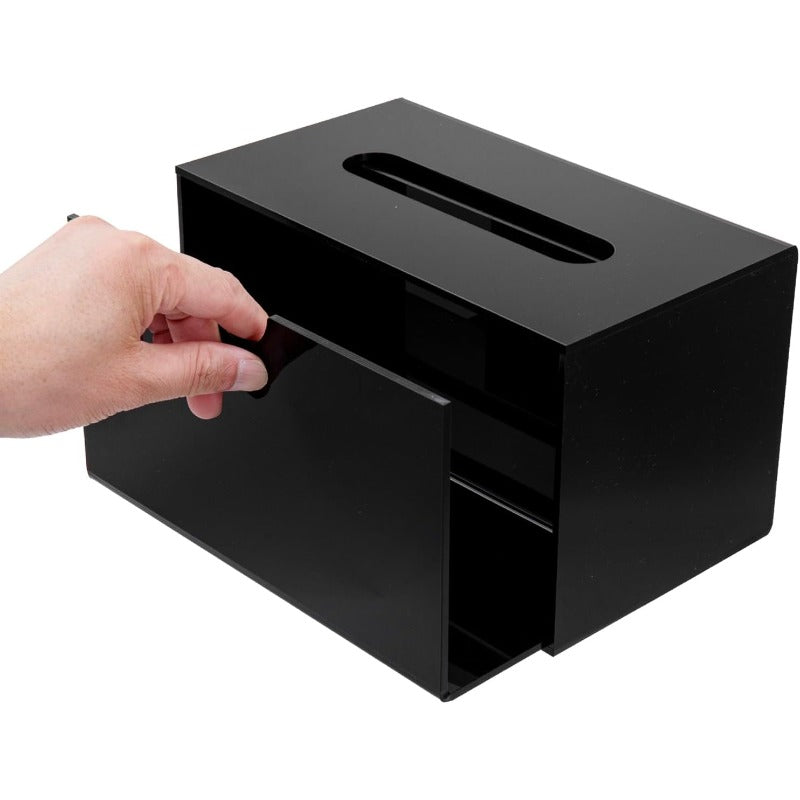Modern Black Glossy Acrylic Tissue Box Dispenser with Slide-Out Holder & Refillable Drawer-like Design - Rectangular Bathroom/Office/ Vanity Storage, Space-Saving Tissue Dispenser with Height Riser Compatibility, Glossy Black Finish & Foot Pads -
