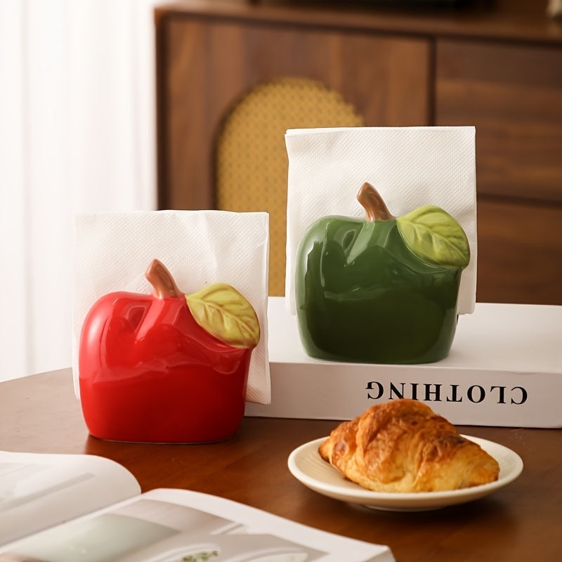 1pc Ceramic Apple-Shaped Tissue Box Holder - Cute Quirky Red or Green Apple Design with Leaf Accents, Oil-Rubbed Finish, Durable Rectangular Home Decor for Living Room, Kitchen, Office, Bathroom, Apple Decor, Kitchen Accessory, Playful Design, Decorative